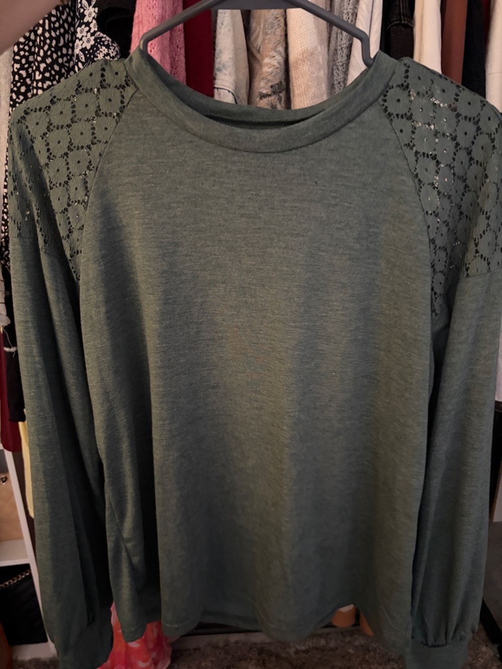 SHEIN Olive Green Lace-Shoulder Long Sleeve Top